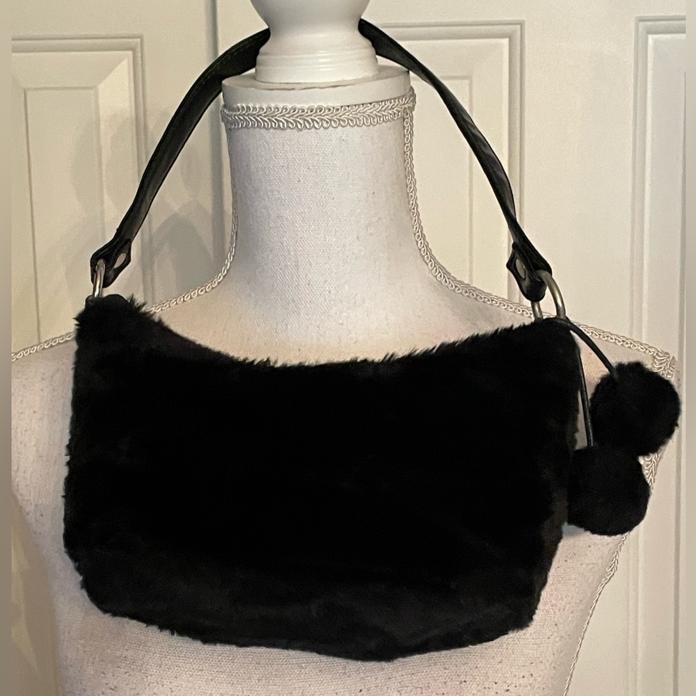 Handbag Hobo Small Black Faux Fur Pom Pom Zipper Closure Vegan Leather strap